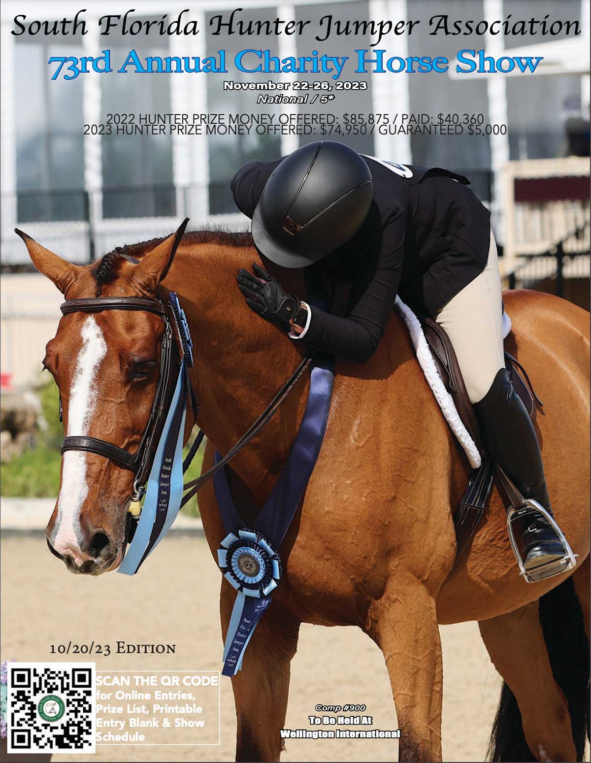 Cover of South Florida Hunter Jumper Association's 2023 Charity Show Prize List cover, featuring a bay horse relaxing after winning with seated rider hugging and patting him.